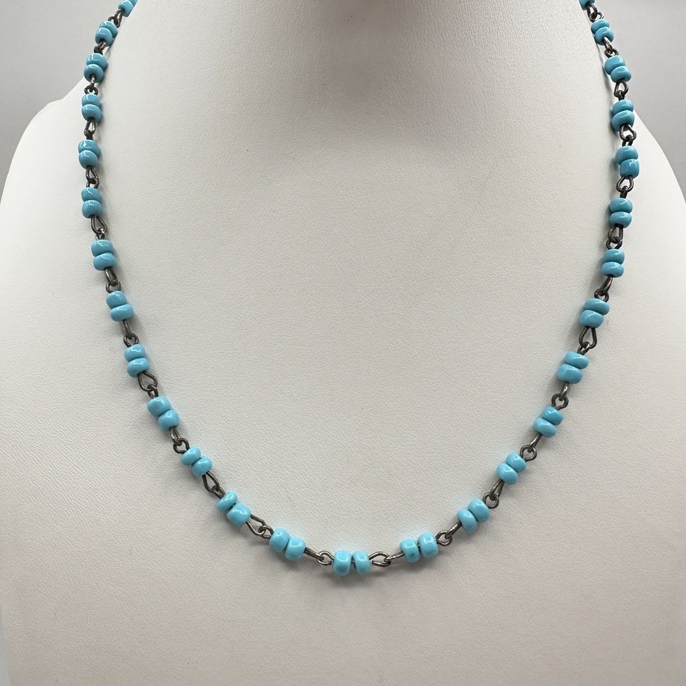 Vintage 90s Boho Blue Beaded Necklace Silver Tone Retro Women's Classic Jewelry